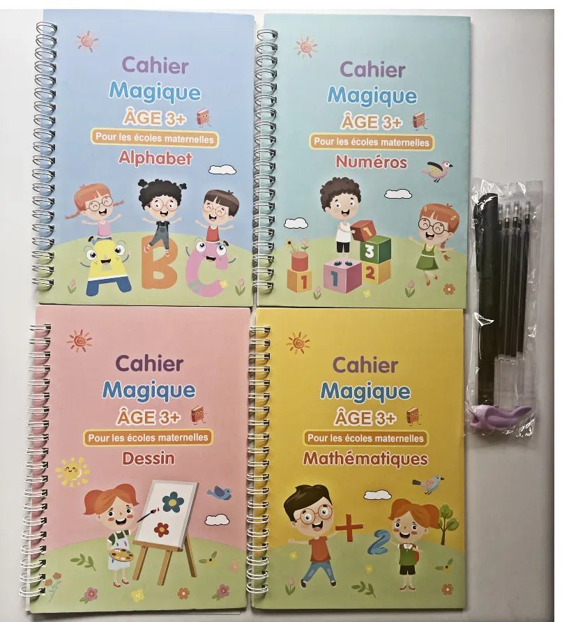 Kids Reusable Handwriting Workbook set covering alphabet, numbers, drawing, and math practice.