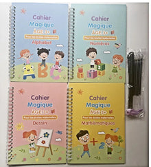 Kids Reusable Handwriting Workbook set covering alphabet, numbers, drawing, and math practice.
