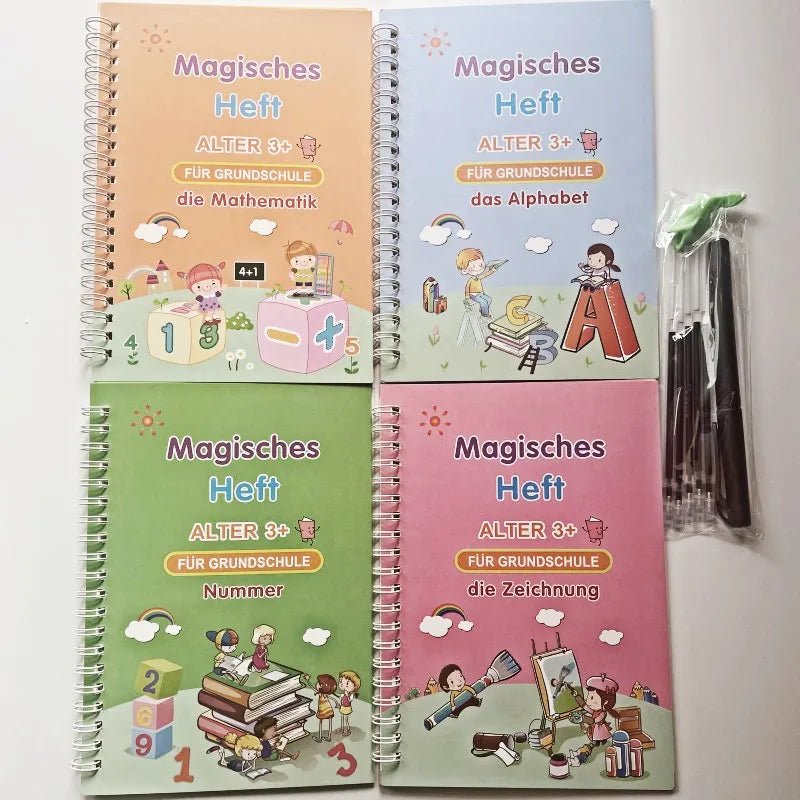 Kids Reusable Handwriting Workbook set of four colorful notebooks for varied writing practice topics.