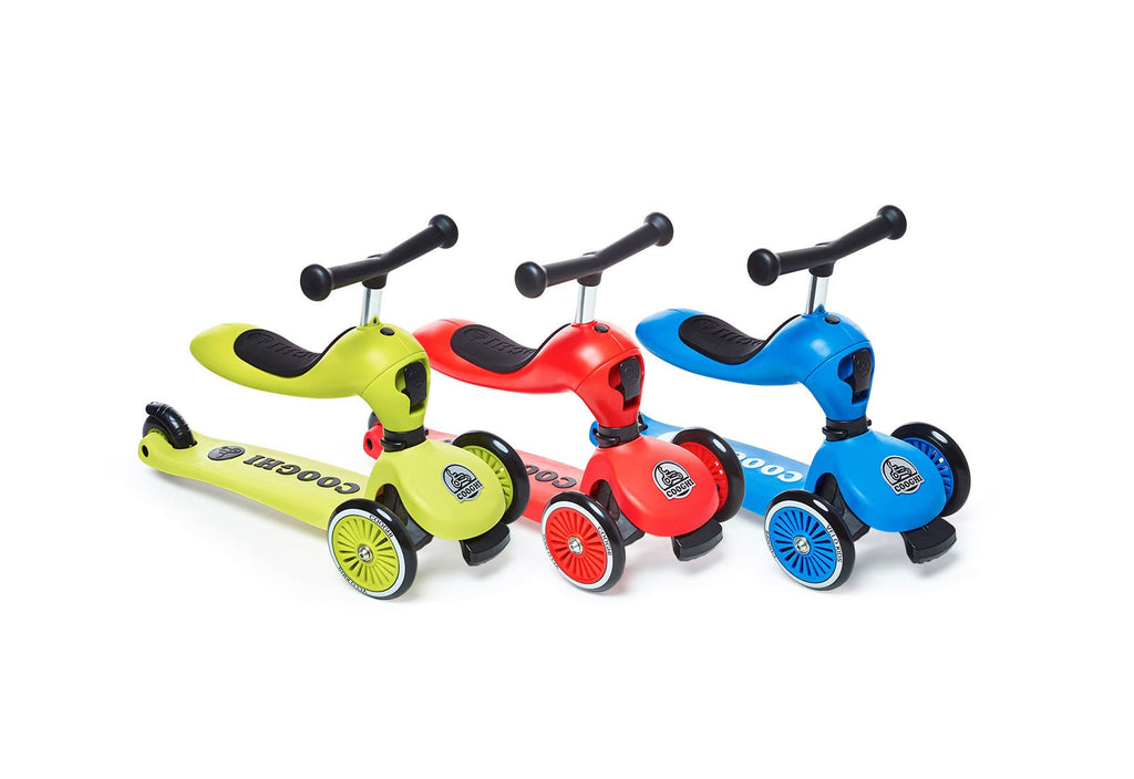 Three colorful balance scooters.
