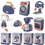 Collection of toy kitchen appliances and their packaging.