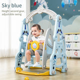 Child sitting on a blue and yellow swing set with a child-friendly design.