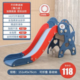 Children's slide with blue and red design on a wooden floor, featuring text and product details.