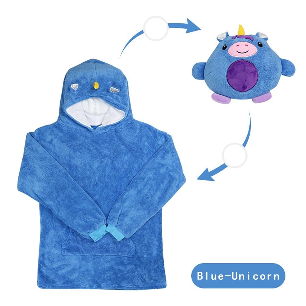 Blue unicorn kids hoodie blanket with detachable plush pet, a soft fleece sweatshirt for playtime, sleepovers, and gifting.