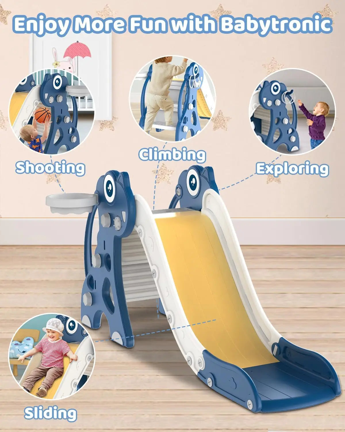 Children's slide with climbing wall and various activities depicted around it, featuring Babytronic branding.