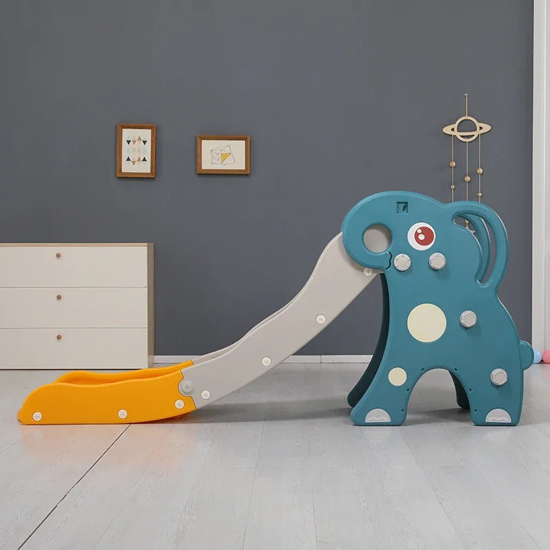 Children's slide with dinosaur design in a room setting