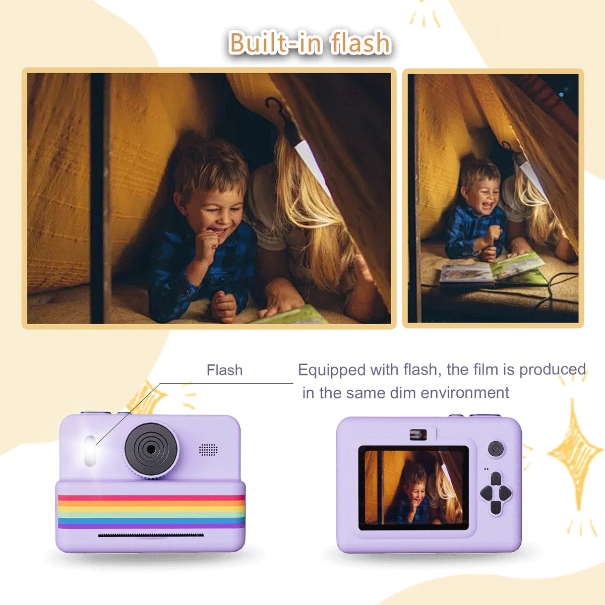 Two photos of a child in a dim tent taken with the camera flash, with a purple camera below
