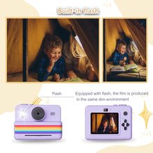 Two photos of a child in a dim tent taken with the camera flash, with a purple camera below