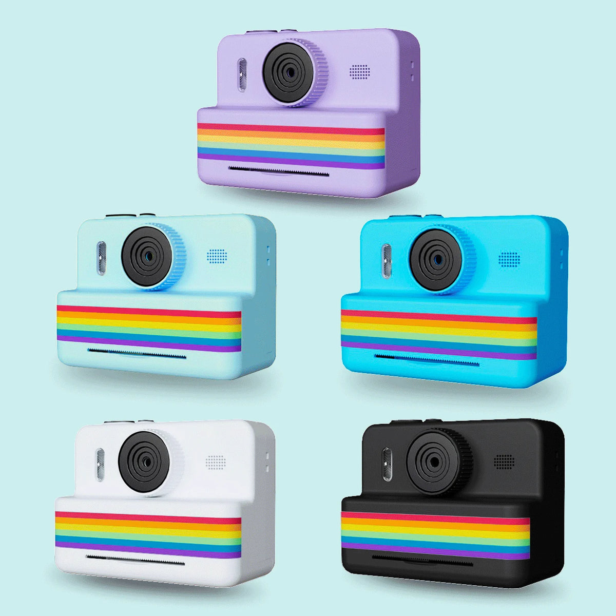 Five instant print cameras in purple, light blue, bright blue, white and black