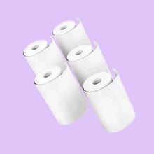 Five white thermal paper rolls on a lilac background