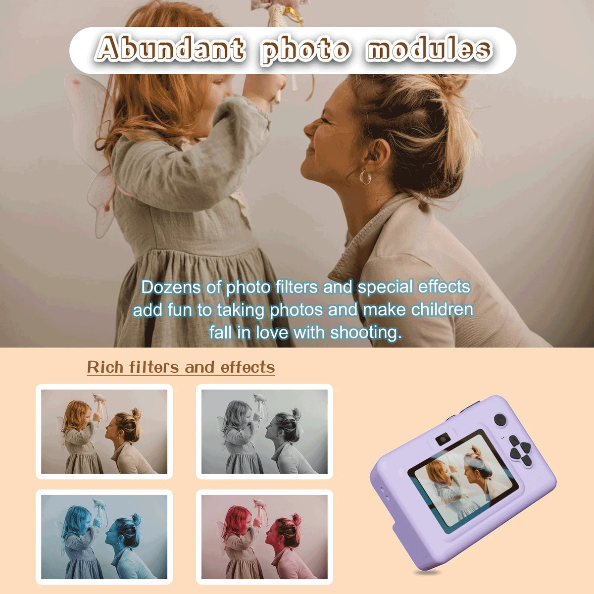 Mother lifting a child with four filtered photo examples and a camera screen