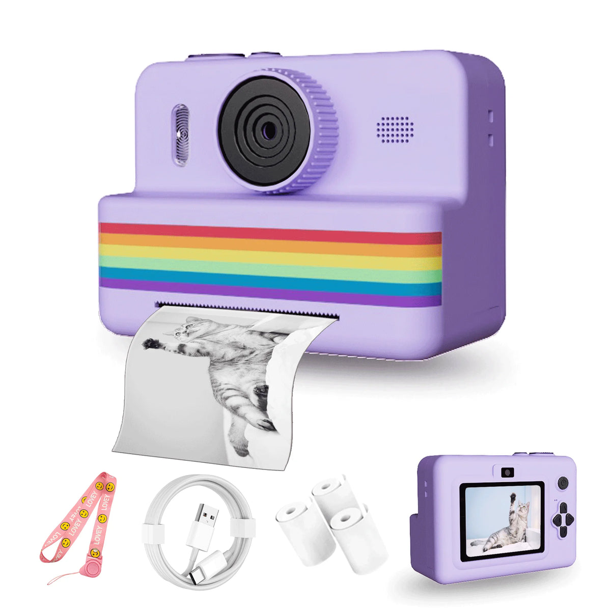 Purple instant print camera with a rainbow stripe, a printed photo, a lanyard, a USB cable and paper rolls
