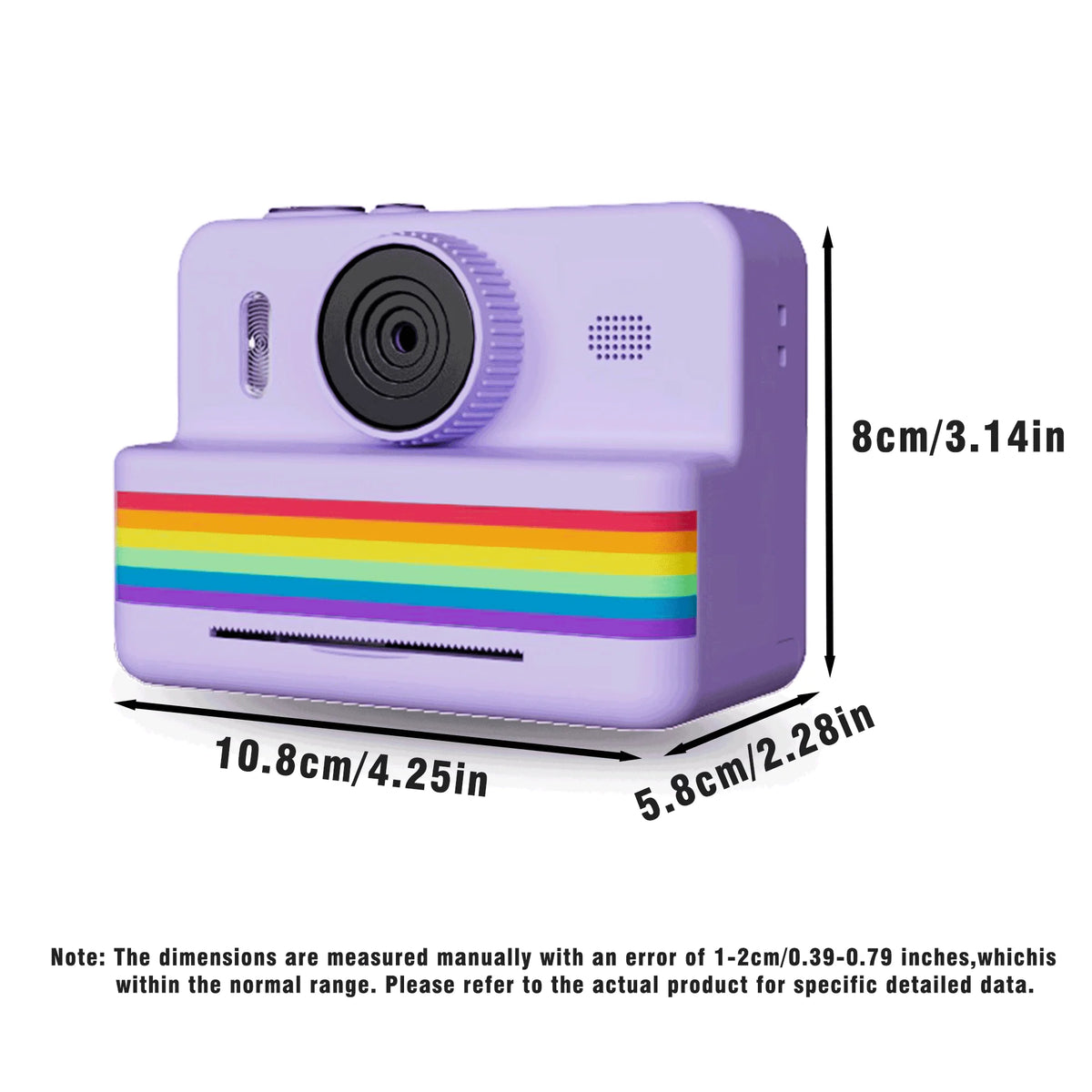 Purple camera with size markers of 10.8 cm wide, 5.8 cm deep and 8 cm tall