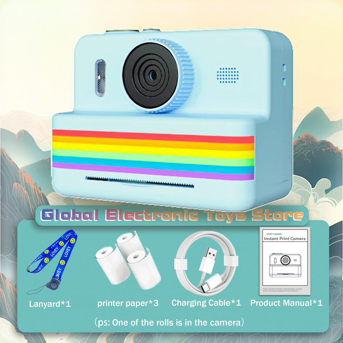 Light blue instant print camera with a blue lanyard, three paper rolls, a USB cable and a manual