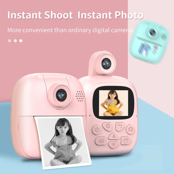 Pink kids instant print camera with a printed photo of a girl and a screen showing her picture