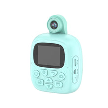 Rear view of the teal kids camera showing the screen and control buttons with the lens raised