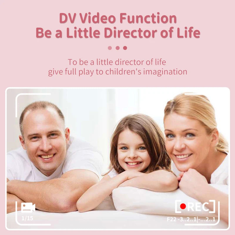 Video function screen showing a family of three smiling with a record indicator