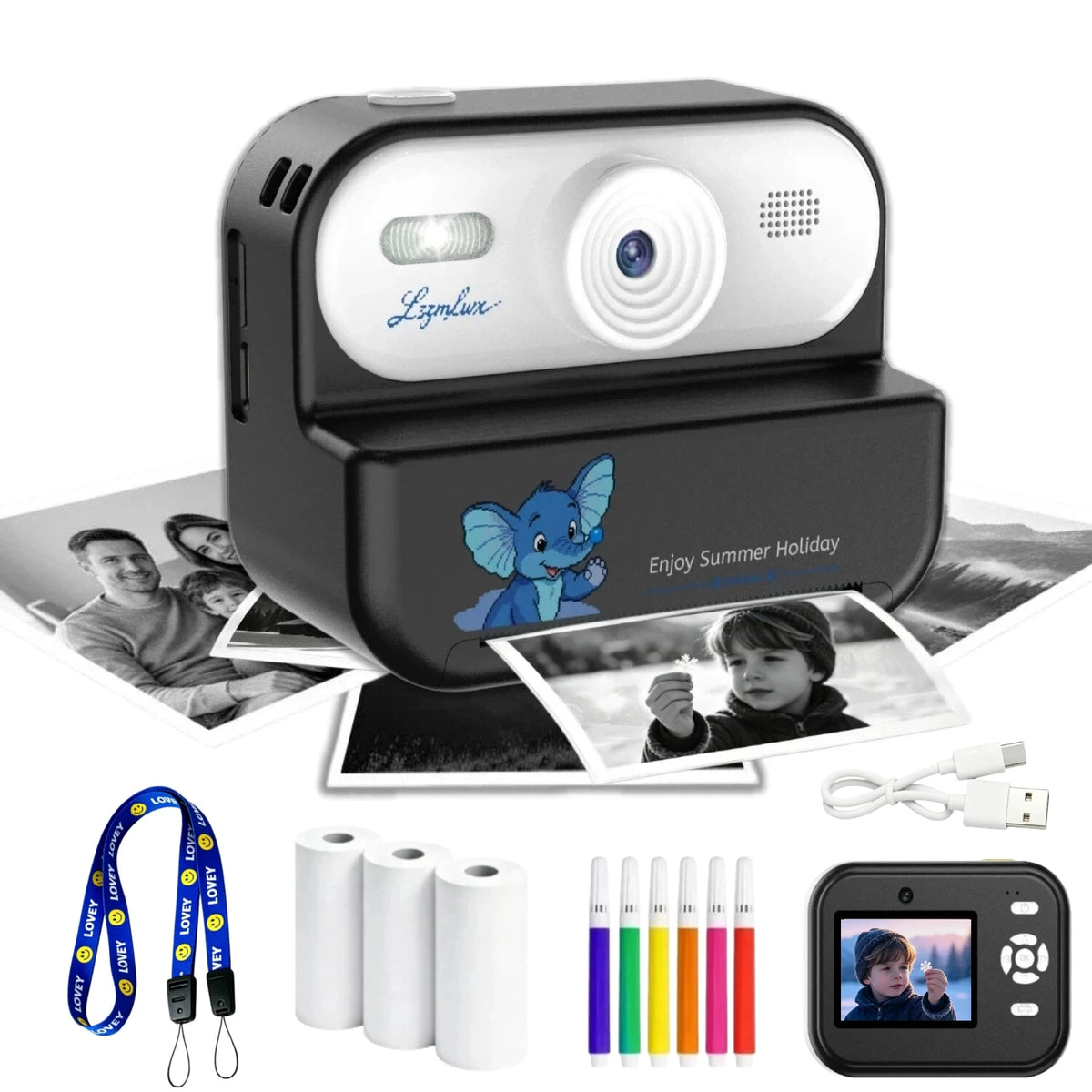 Black instant print camera with printed photos, a lanyard, paper rolls, six colored pens and a USB cable