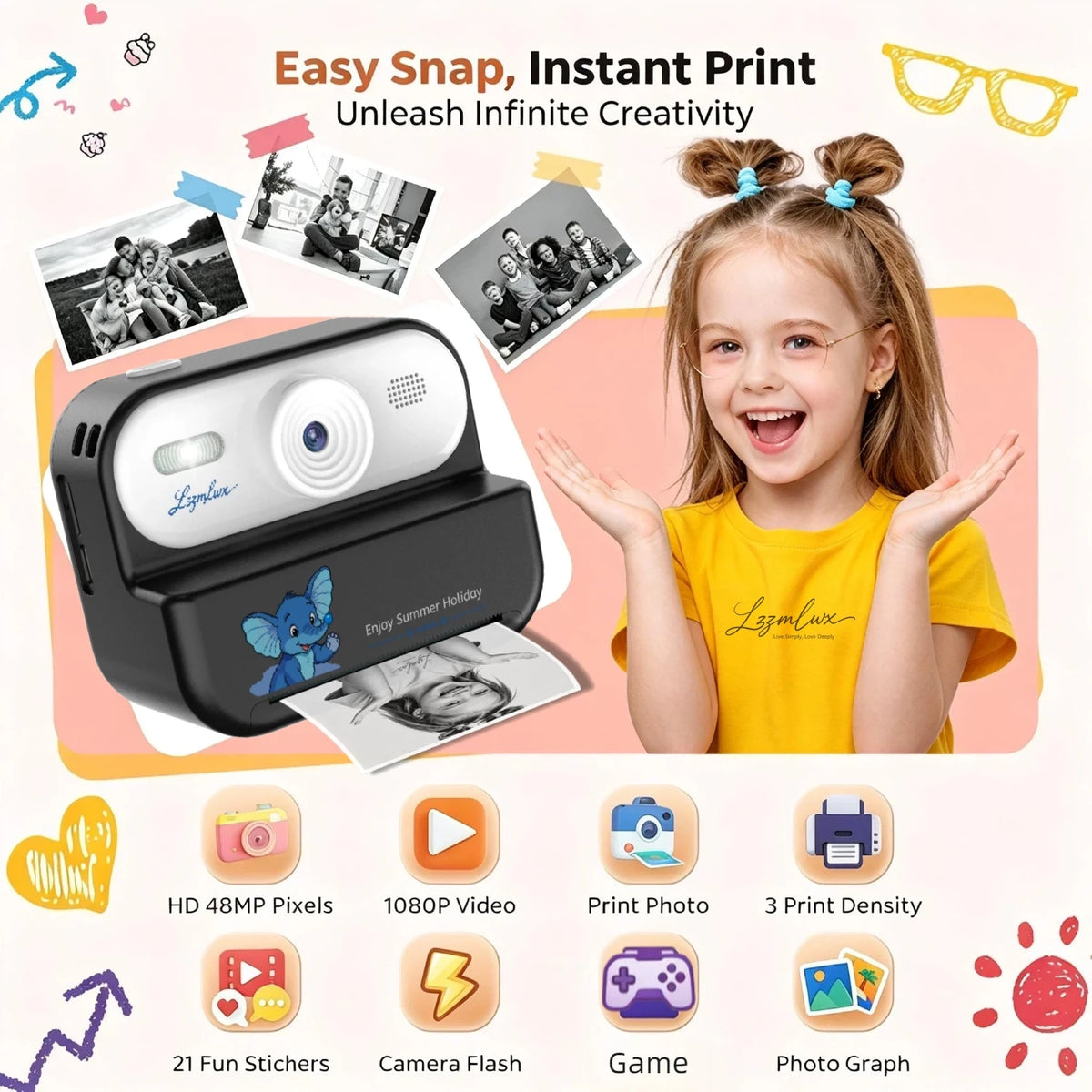 Smiling girl holding up a printed photo beside a camera and icons for photo, video, print density, stickers, flash and game