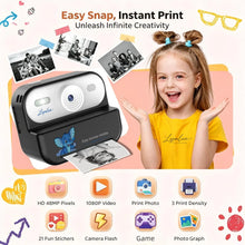Smiling girl holding up a printed photo beside a camera and icons for photo, video, print density, stickers, flash and game