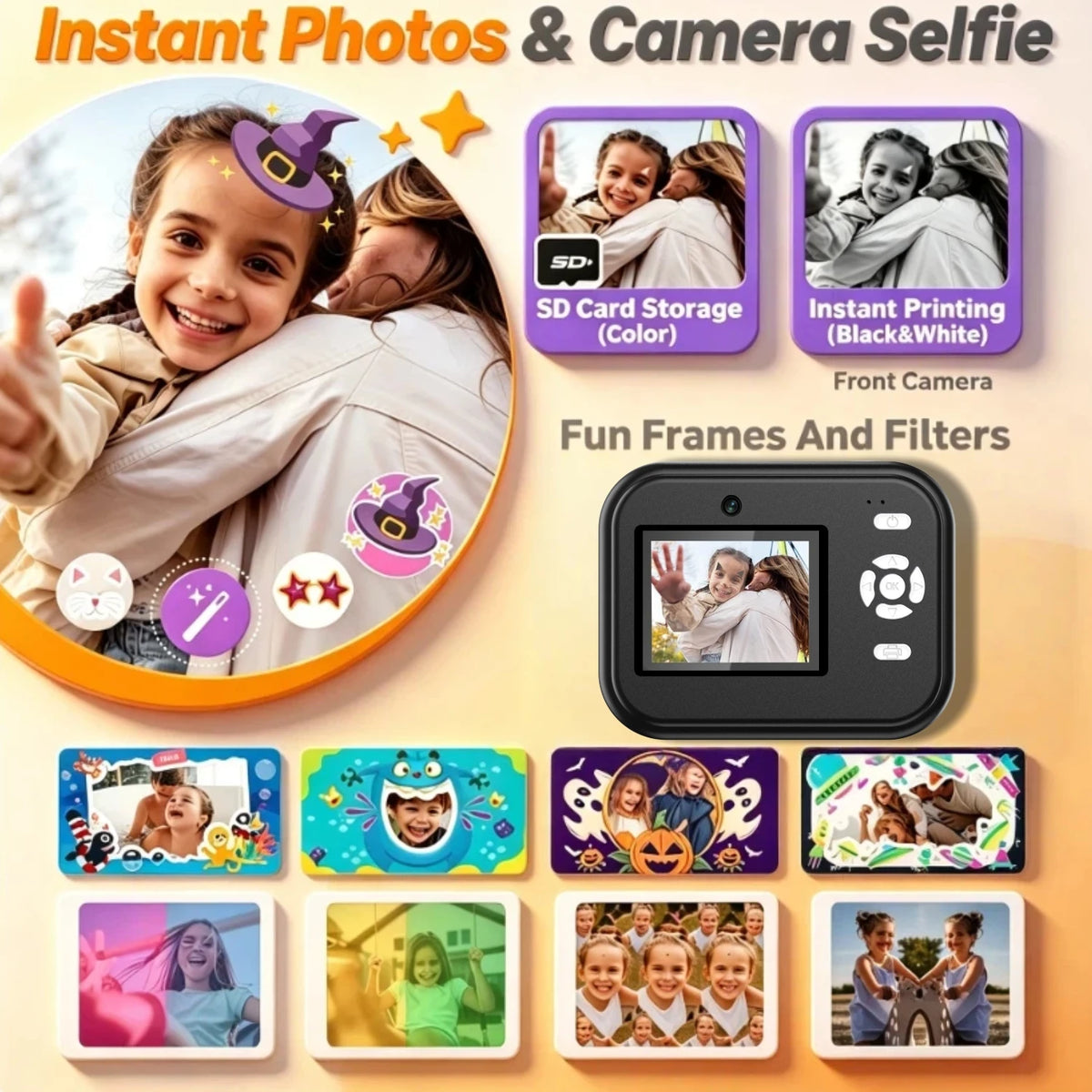 Mother and child taking a selfie with a black camera and examples of frames and filters