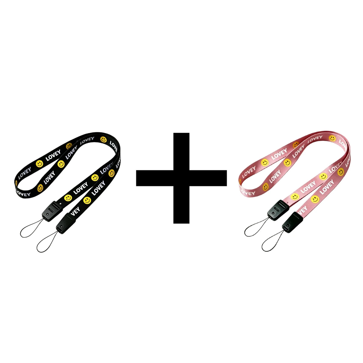 Black and pink lanyards with smiley faces shown side by side with a plus sign