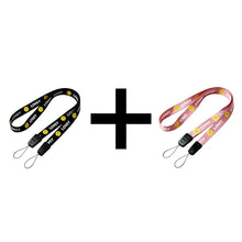 Black and pink lanyards with smiley faces shown side by side with a plus sign
