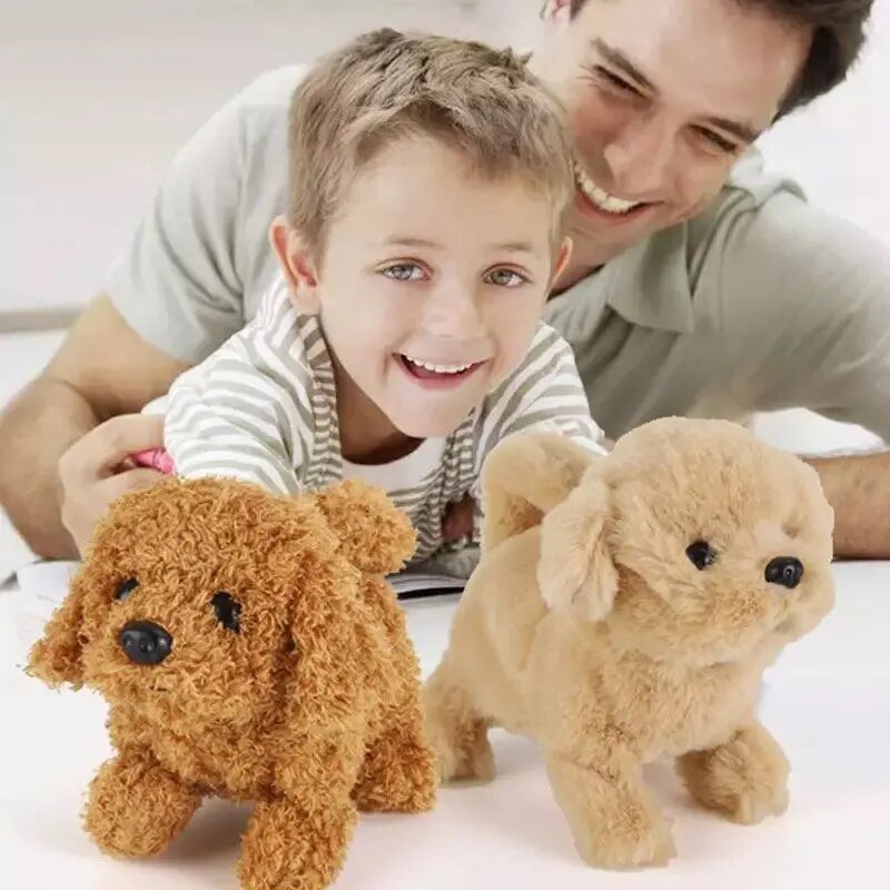 Child and adult with two plush dogs 