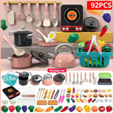 Collage of a toy kitchen set with various utensils, cookware, and food items.