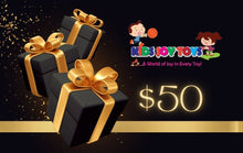 Kids Joy Toys 50 dollar gift card in a black gift box for birthday and holiday gifting.