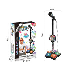 Kids Karaoke Microphone with Stand toy packaging close-up showing box dimensions for shipping reference.