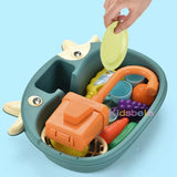 Children's toy set with kitchen utensils in a green container 