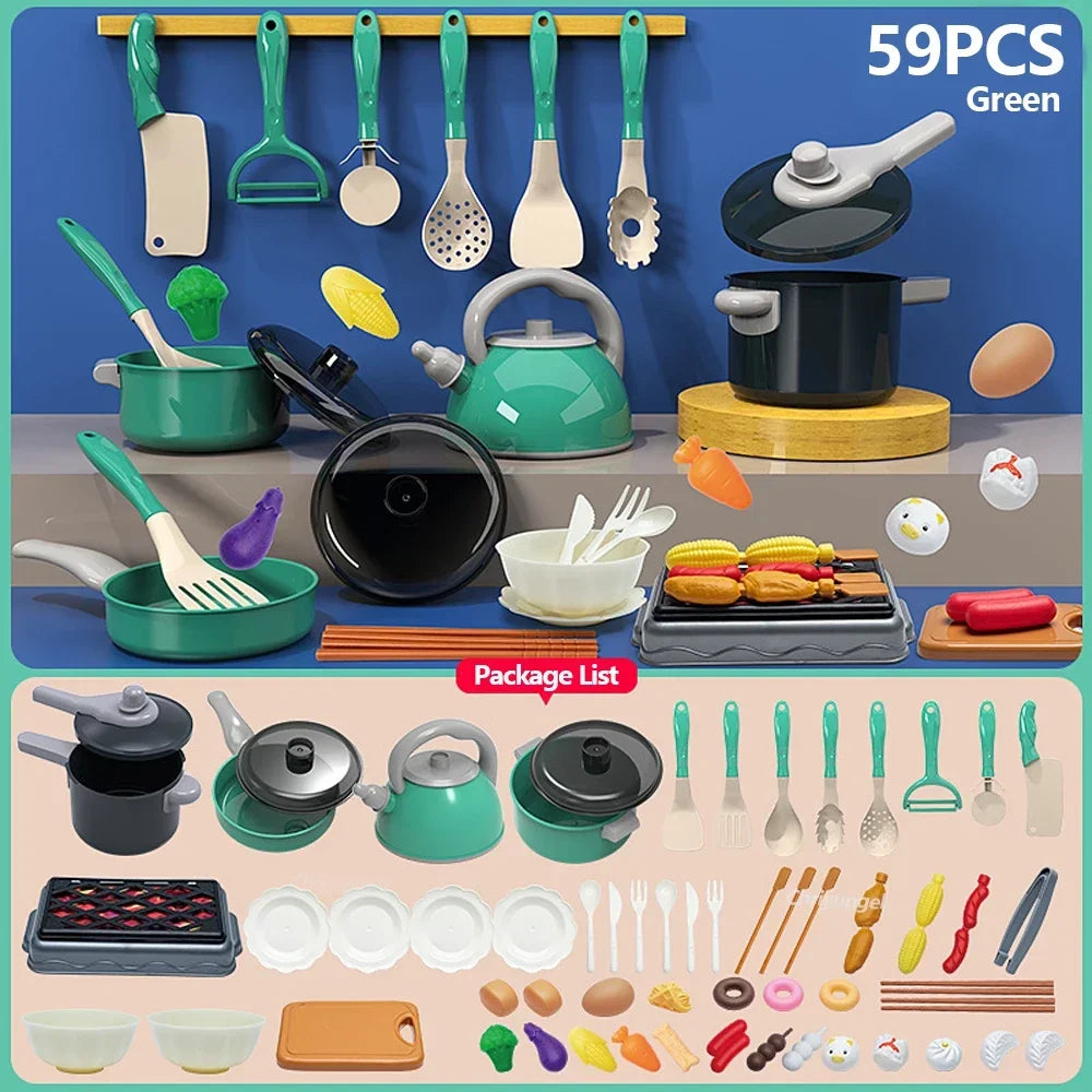 Set of toy kitchen utensils and cookware with a package list 
