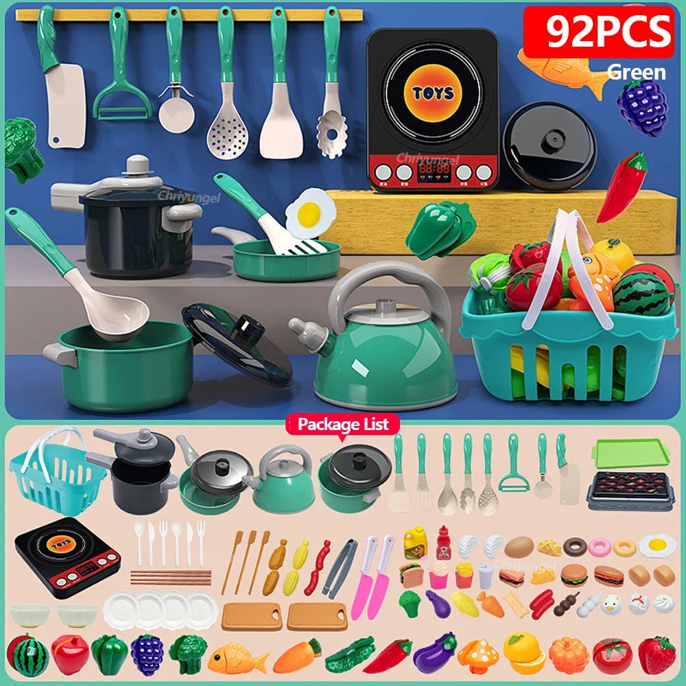 Colorful toy kitchen set with various utensils and appliances 