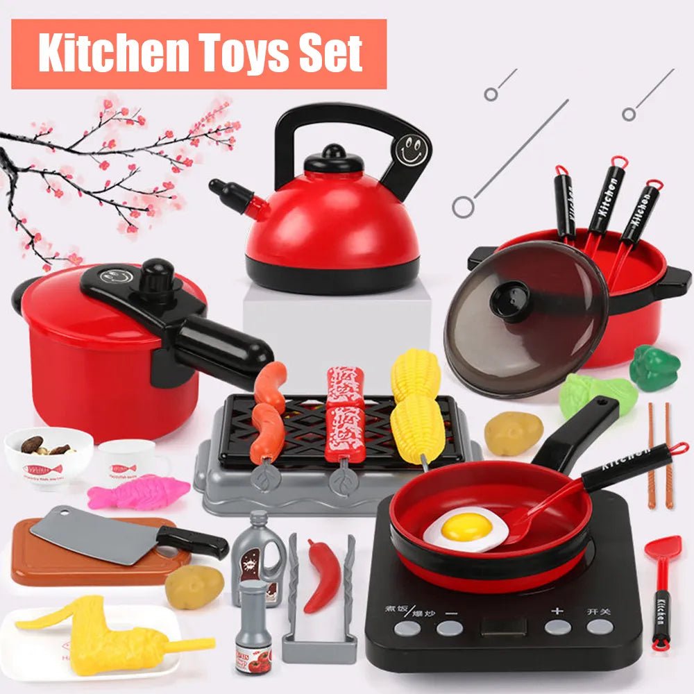 Kids Kitchen Toy Set with Fruit Cutting and Cooking Utensils playset for pretend cooking and imaginative role play.