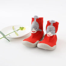 Red baby socks with gray animal faces 