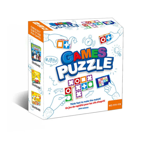 Matching blocks board game box front with colorful pattern blocks and a challenge card