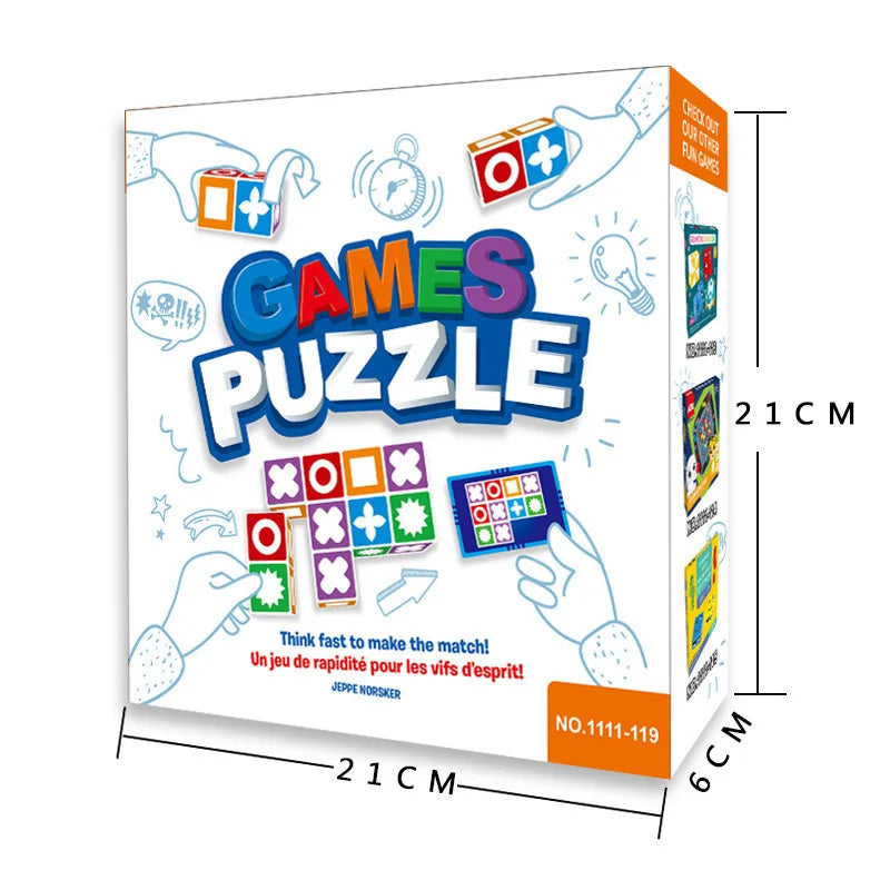 Matching blocks game box with size markers of 21 cm by 21 cm by 6 cm