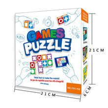 Matching blocks game box with size markers of 21 cm by 21 cm by 6 cm