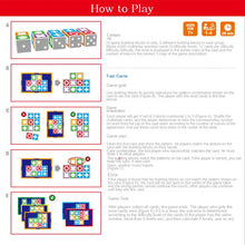 How to play guide with lettered steps showing the blocks, cards and winning rules