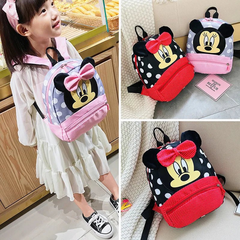 Child wearing a Minnie Mouse backpack with close-up shots of the backpack on a surface.