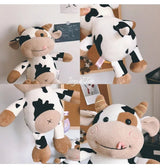 Collage of a cow plush toy with different angles on a plain background