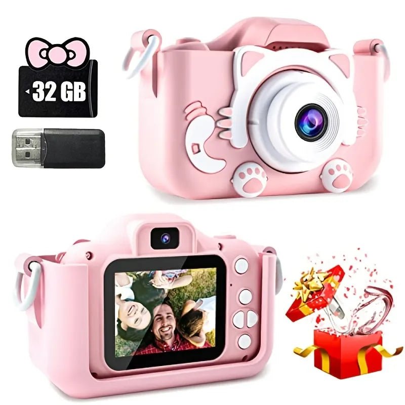 Pink children's camera with screen, 32GB memory card, and USB cable.