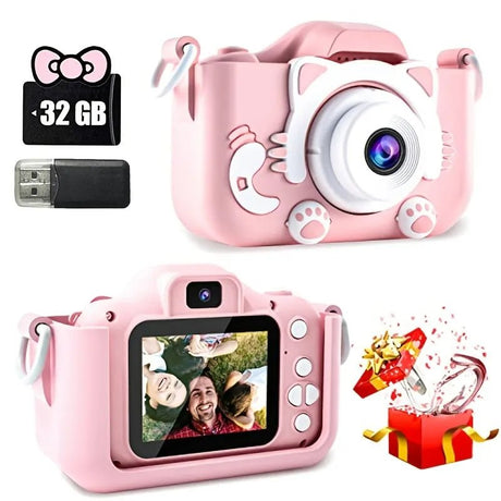 Pink children's camera with screen, 32GB memory card, and USB cable.