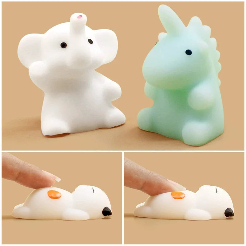 Two cartoon animal figures, one white and one green, on a beige background. Below are two images showing the figures being pressed.