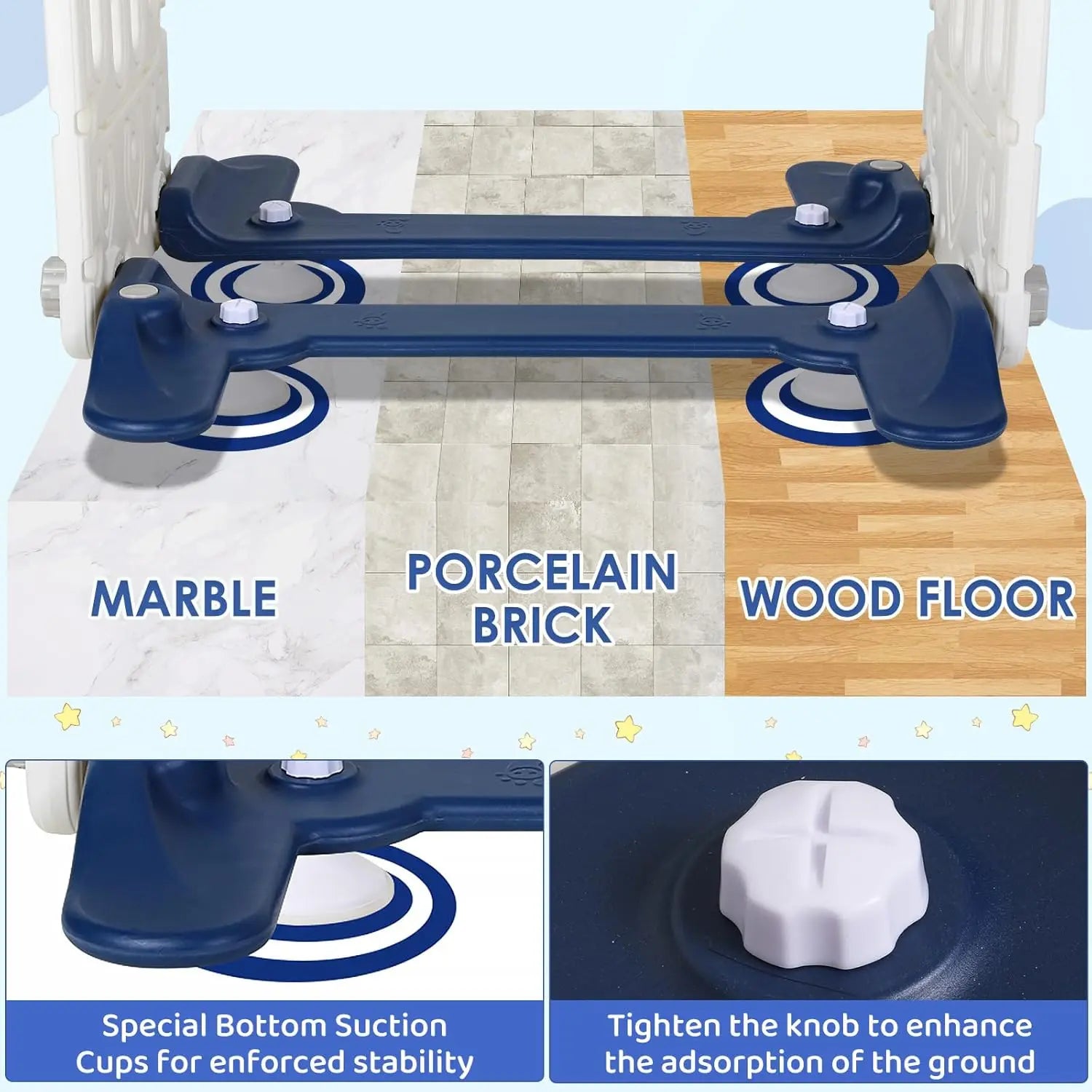 Floor cleaning machine with text indicating compatibility on marble, porcelain brick, and wood floors.