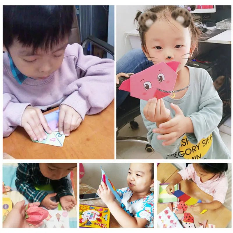 Collage of kids engaged in origami paper craft activities for educational play.
