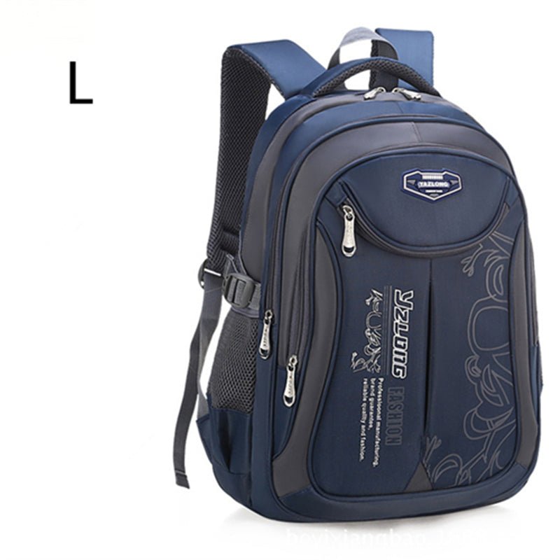 Blue backpack with visible branding 