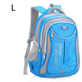 Blue and gray backpack with visible branding.