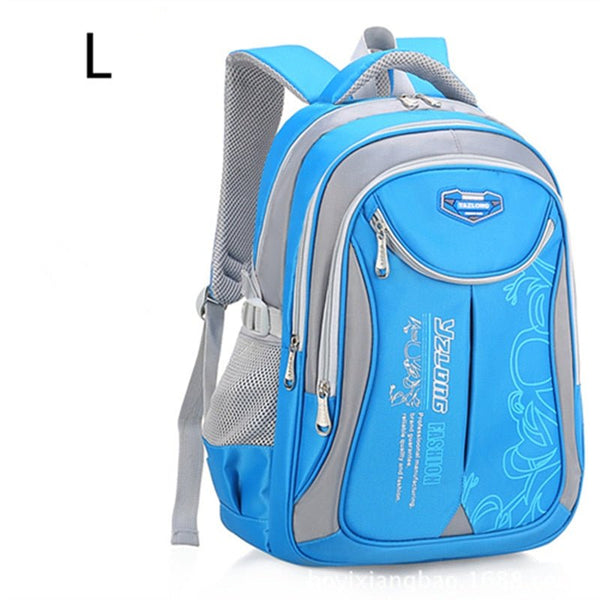 Blue and gray backpack with visible branding.